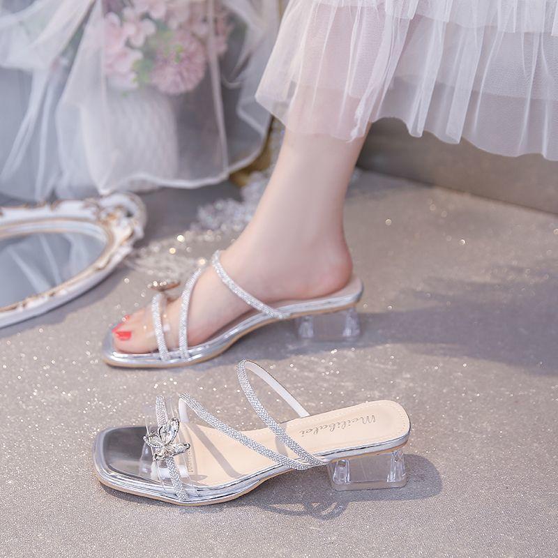 

Бантик стразы темперамент высокий каблук кристалл толстый каблук шлепанцы женские летние новые сандалии 40 серебряный