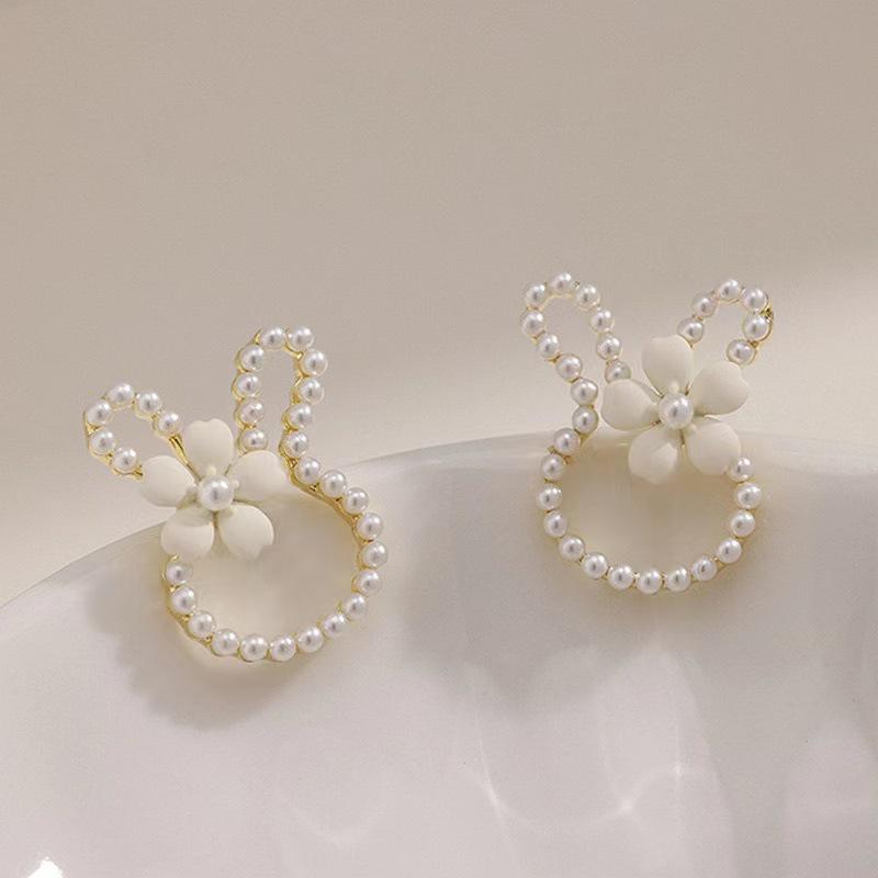Korean Cute Rabbit & Flower Pearl Earrings - Xiaohongshu Style, Small & Fresh Design