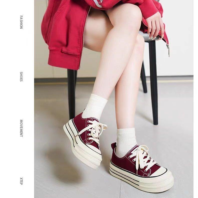 Burgundy canvas shoes women's 2025 autumn new platform student niche shoes children's casual versatile board shoes