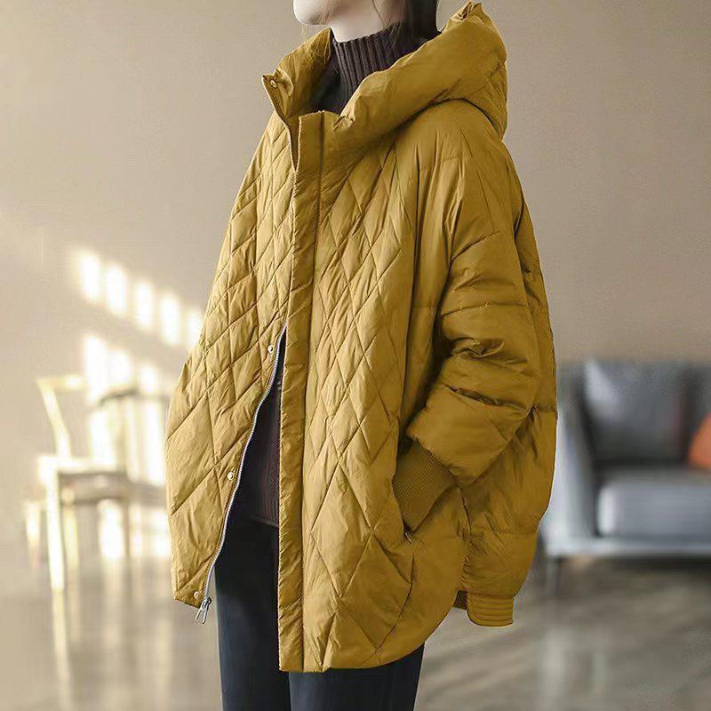 Womens Mid-Length Hooded Puffer Coat With Quilted Design Warm White Duck Down Fill Oversized Fit