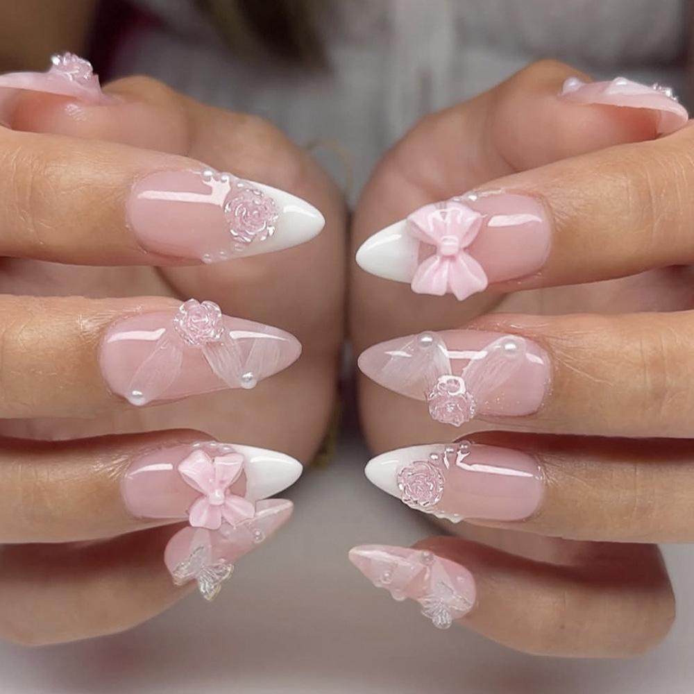 

24PCS Simple White French False Nails with Glue 3D Bowknot Pearl Nude Almond Press on Nails Full Cover Wearable Sweet Fake Nails