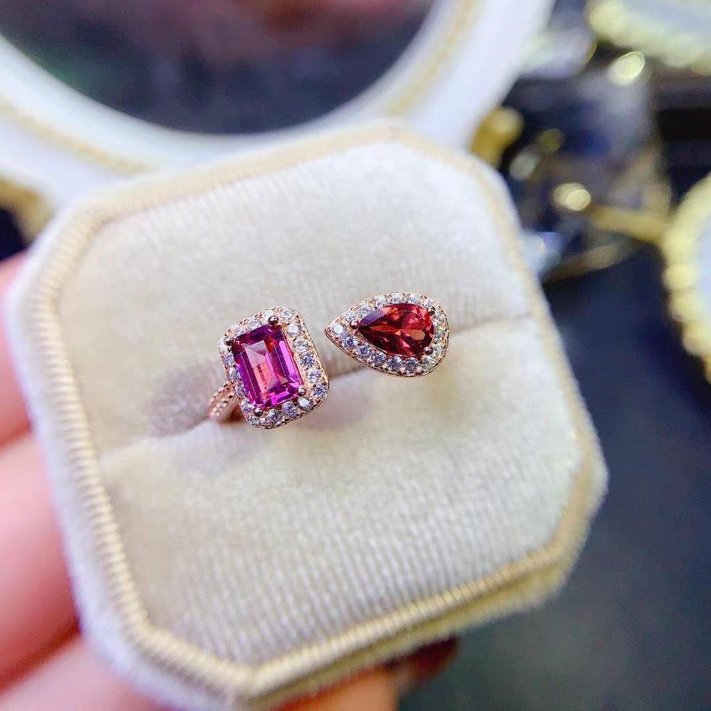 S925 Silver Adjustable Women's Ring with Micro-Paved Garnet Rectangular Teardrop