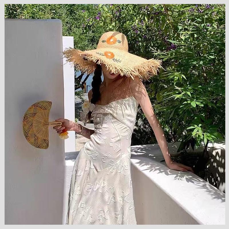 Hollow Lafite Straw Hat Women's Summer Seaside Beach Sunshade Sunscreen Hat Big Brim Sun Hat New