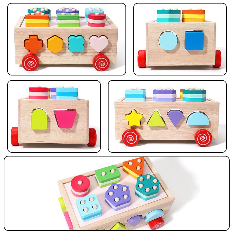 Wooden Multi-Colored Shape Sorting Car Toy For Early Childhood Education Hand-Eye Coordination And Color Shape Recognition