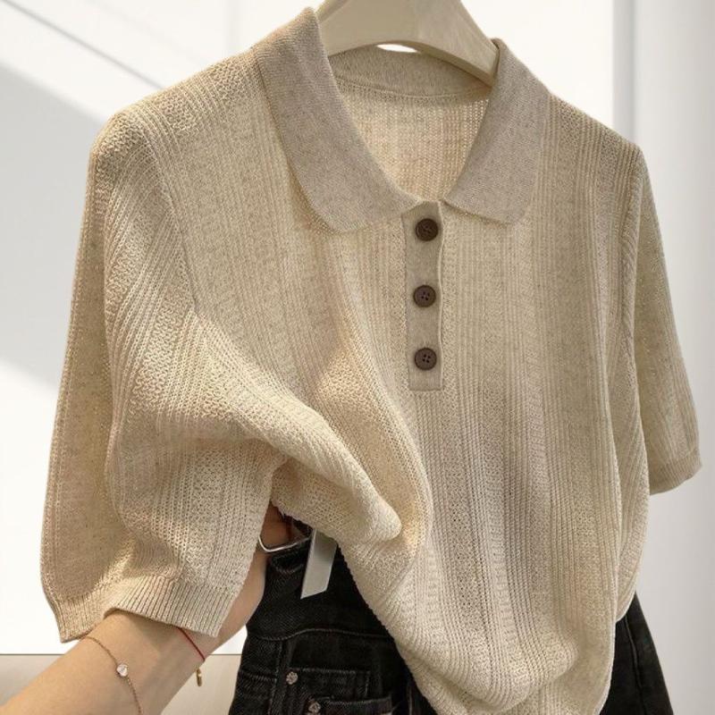 

Ladies Ice Hemp Solid Color Knitted T-shirts Korean Style Casual Versatile Button T Shirt Summer Breathable Loose Pullover Female Tees S бежевий