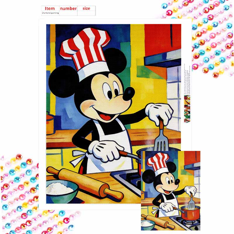 Disney Diamond Painting 5D DIY Diamond Painting Mickey Mouse Chef Cooking Mosaic Disney Cartoon Picture Rhinestone Kit Gift Round 20x30cm