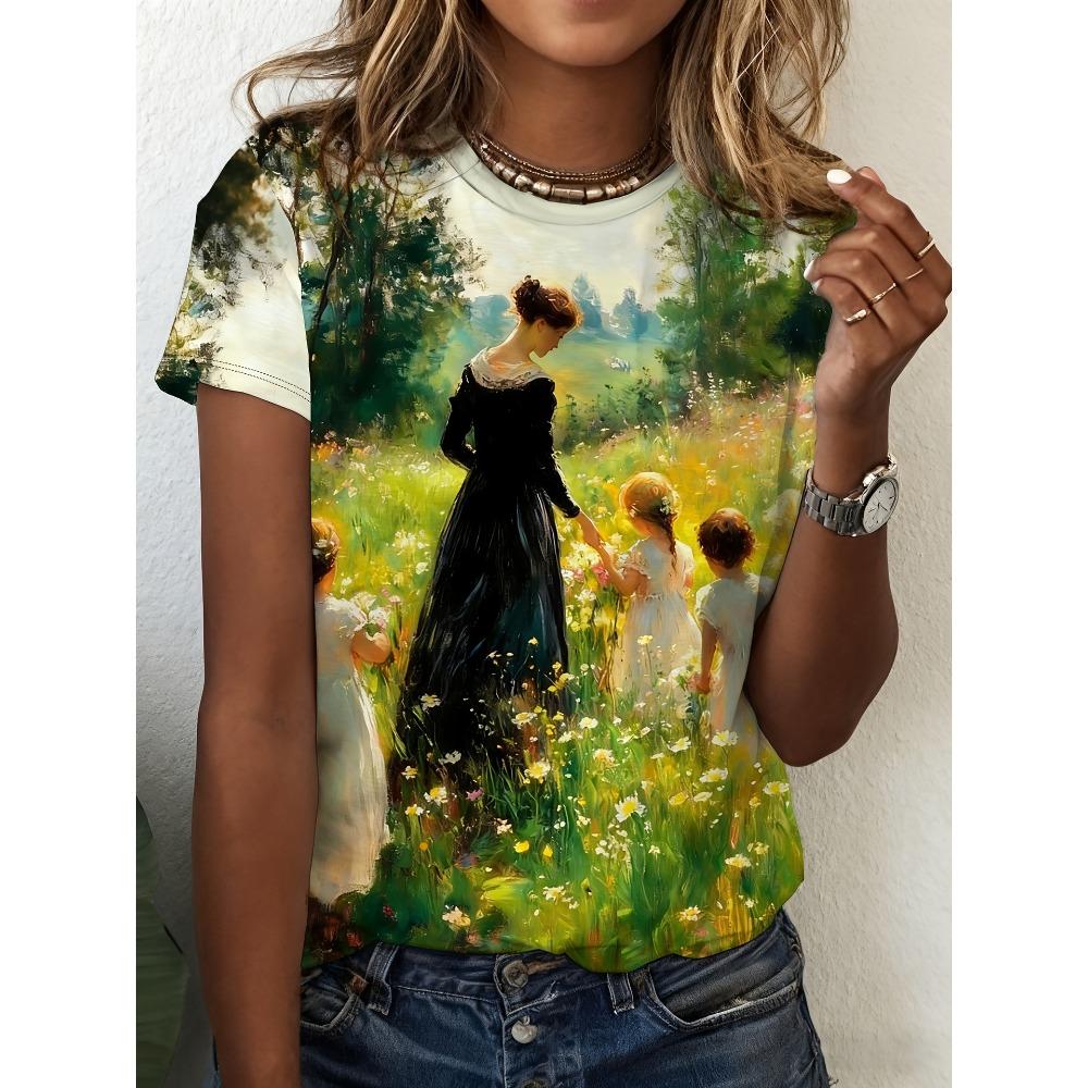 Summer Fashionable Retro Colorful Cartoon 3D Pattern T-shirt Comfortable Oversized Breathable Leisure Versatile Women's T-shirt