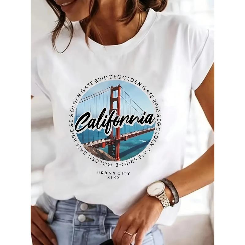 Summer and Spring Top Womens California Printed Tshirt Round Neck Casual Fashion Tshirt Loose Womens Trendy Cotton Tshirt