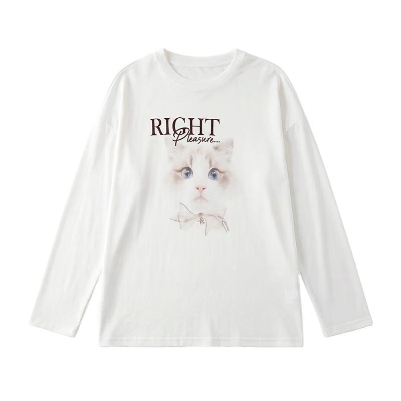 Women s Cat Print Loose Fit Round Neck T-Shirt S