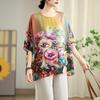 1116 Large Size Retro Cotton and Linen Printed Half-sleeved T-shirt Women's Summer Loose Fat Mm Belly Covering and Thin Foreign Style Top