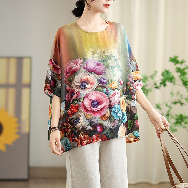 1116 Large Size Retro Cotton and Linen Printed Half-sleeved T-shirt Women's Summer Loose Fat Mm Belly Covering and Thin Foreign Style Top