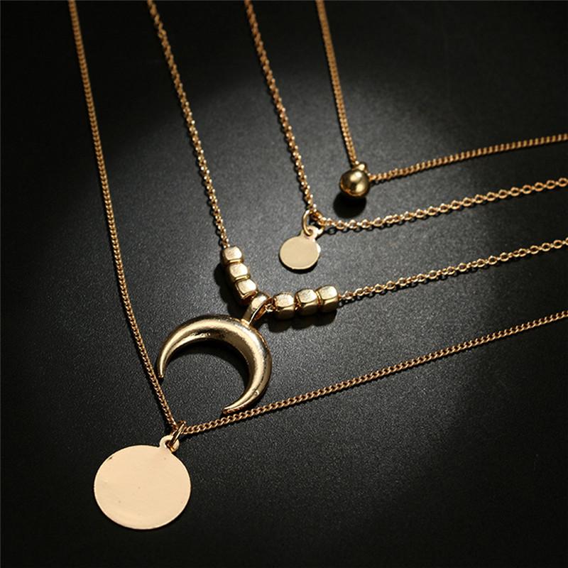 Multilayer Choker Horn Long Crescent Moon Pendant Necklace Chain Jewelry Women