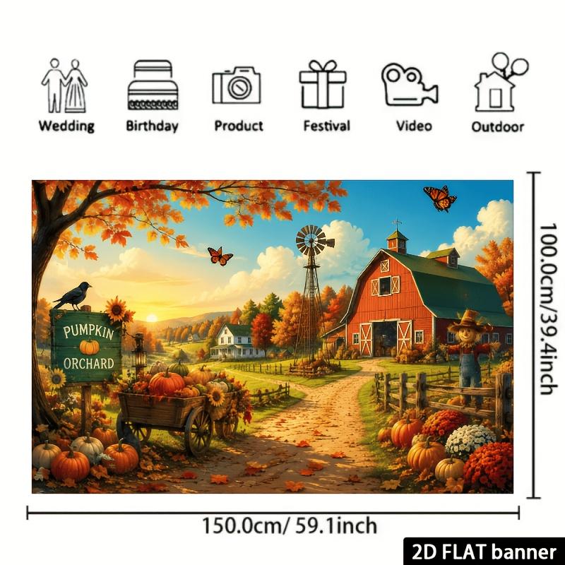 2D plane autumn pumpkin orchard farm-themed background fabric including red barn and scarecrowzyc
