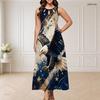 Women Plus Size Round Neck Triple Keyhole Cutout Sleeveless Firework Printed Navy Maxi Dress
