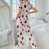 Women's Heart Print Silk Pajama Set - Short Sleeve Top & Long Pants