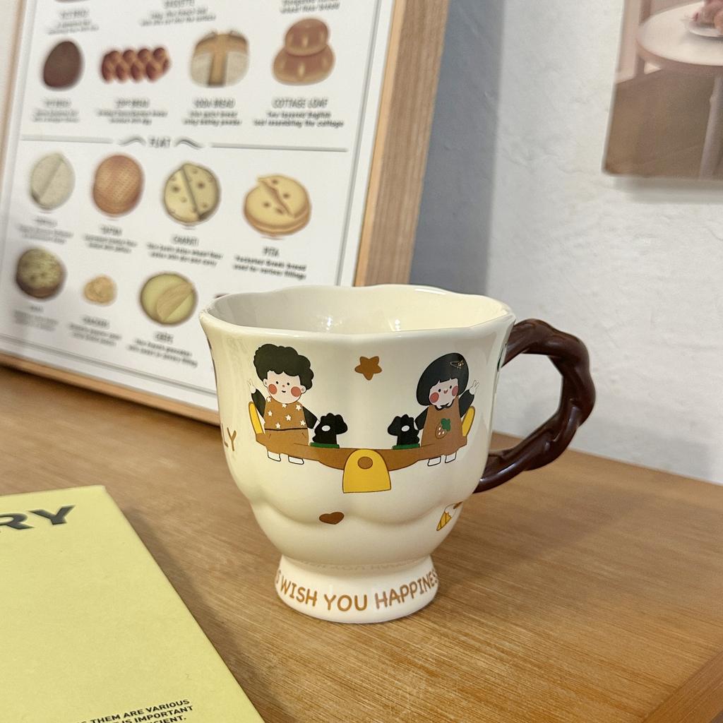 Cartoon Boy and Girl Couple Ceramic Mug Souvenir High Footed Cup To Give Birthday Gift To Friends Best Friend Sisters