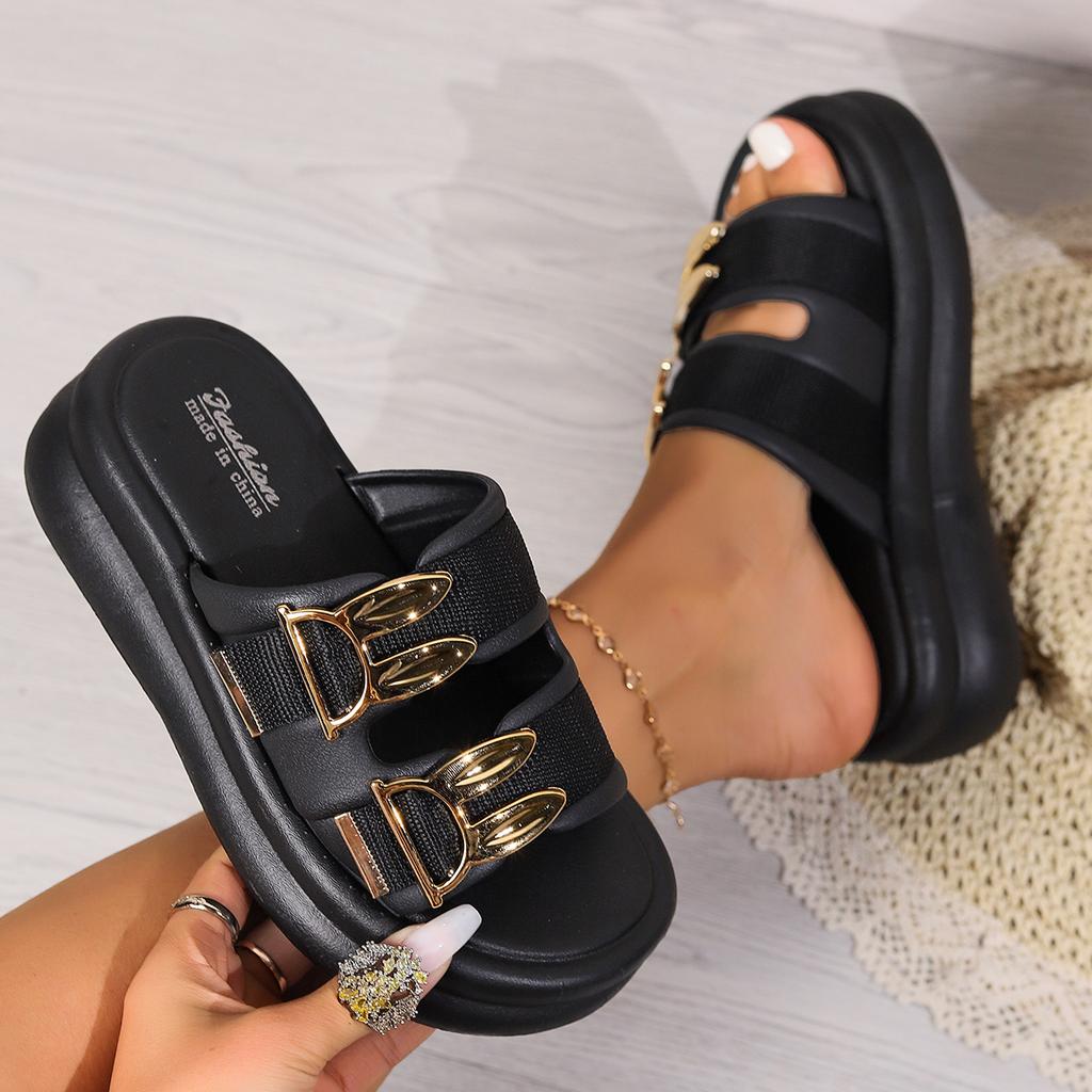 Women's Gold Thick Bottom Wedge Sandals Summer Peep Toe Chunky Platform Sandals Woman Ankle Buckle Anti Slip Beach Shoes