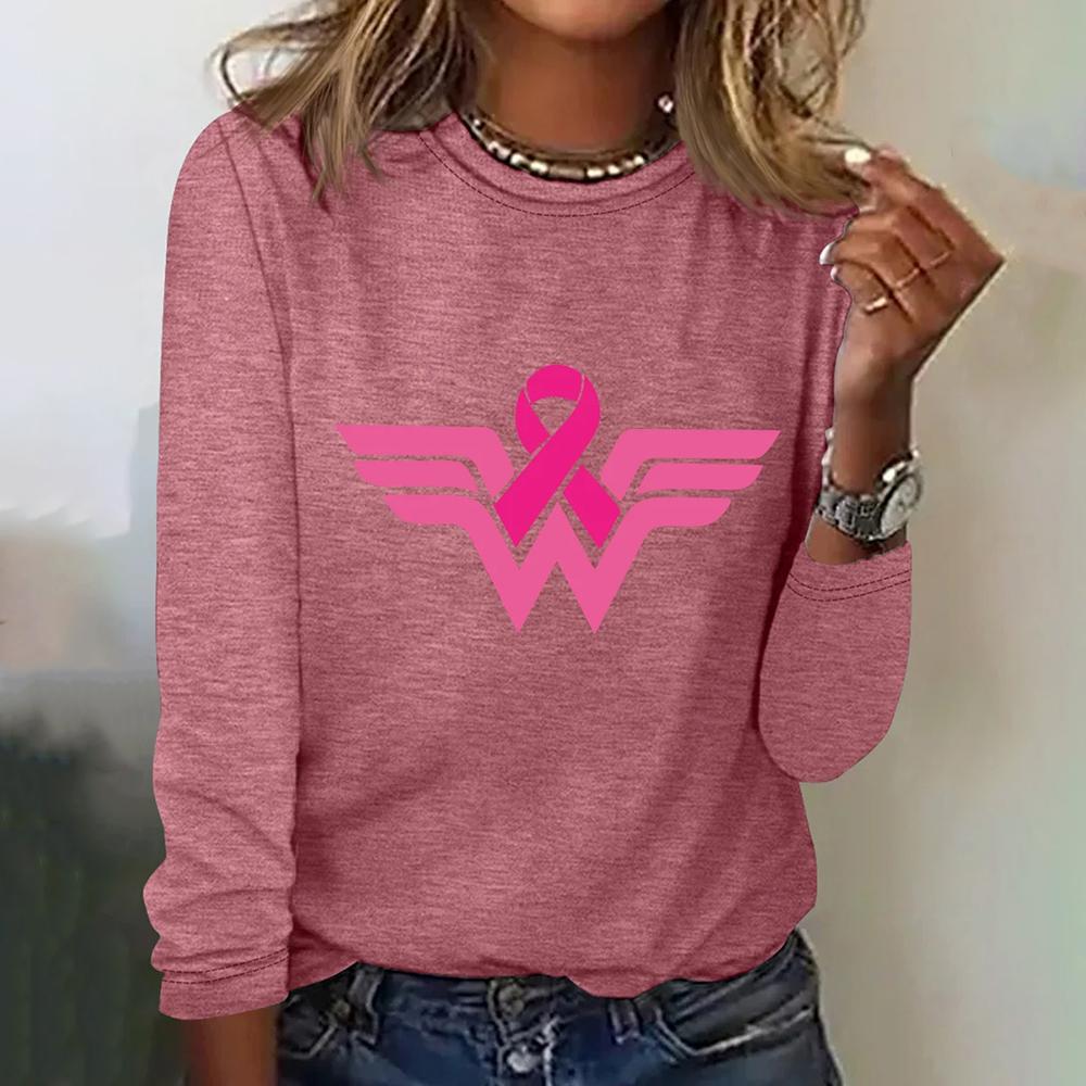 Dámské módní tričko s dlouhým rukávem a potiskem symbolu růžové stužky, podzimní, bavlněné, s kulatým výstřihem, volné topy