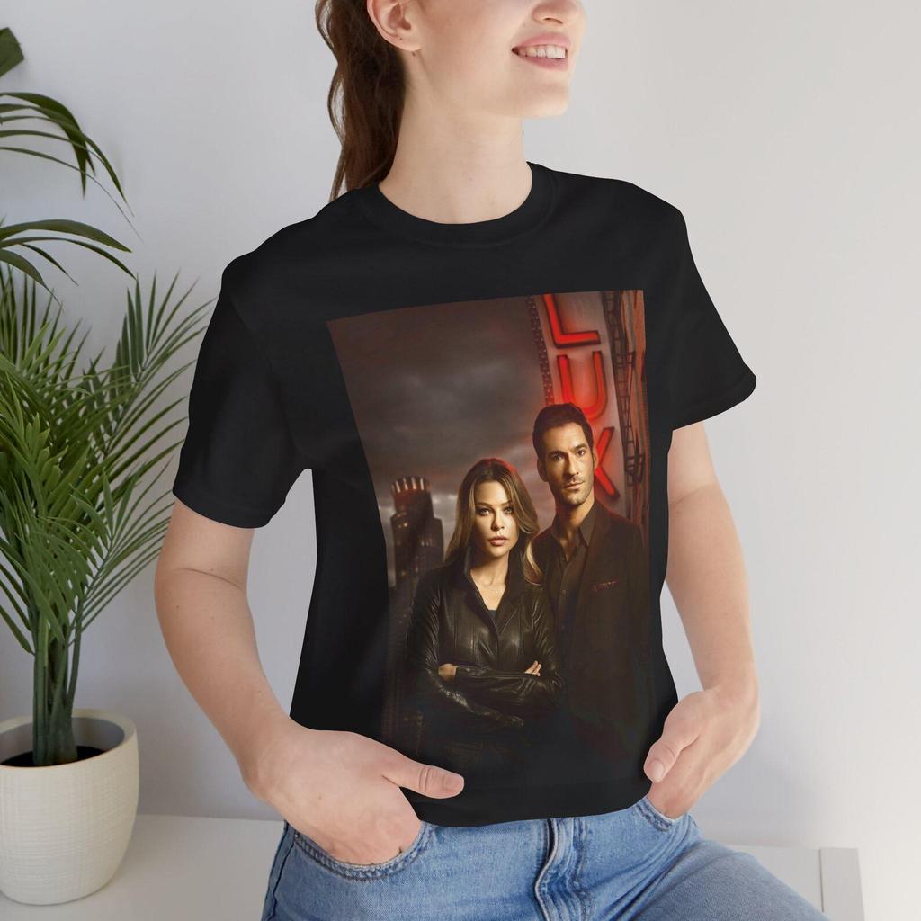 Vintage Retro style fan art movie poster Lucifer Morningstar Chloe Decker LUC club romantic couple Tom Ellis fan art Unisex Tee Shirt and kids tshirt