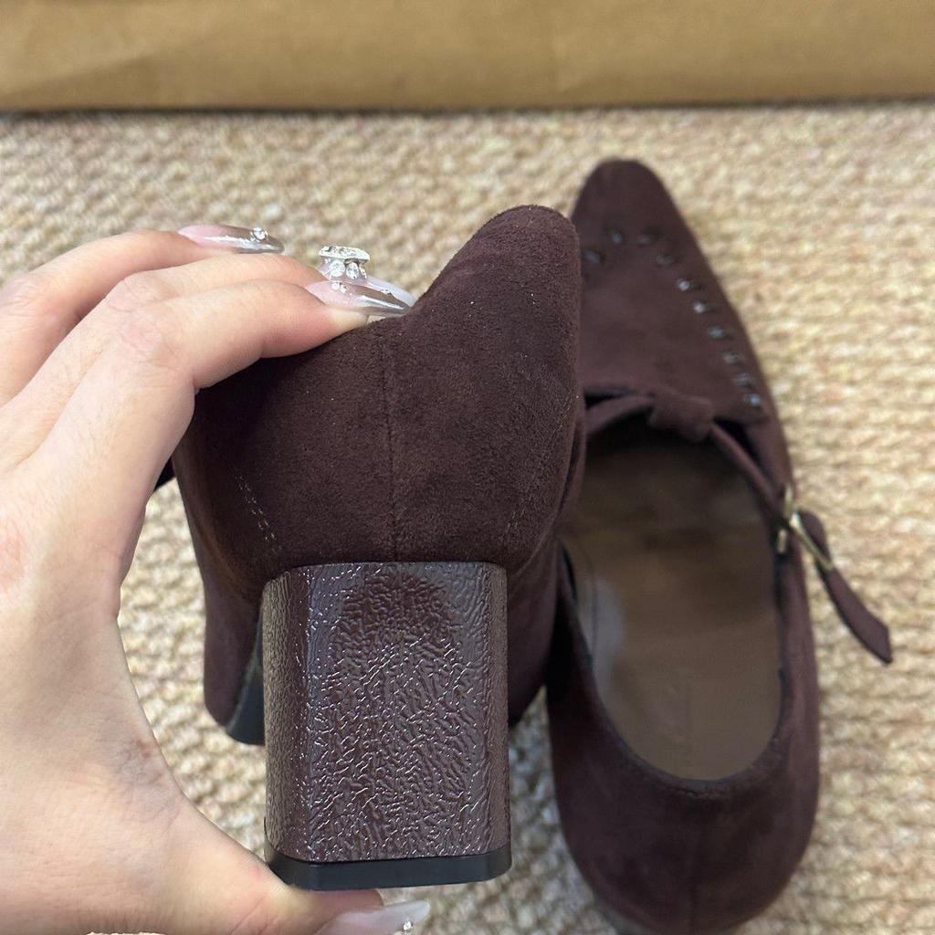 Retro Pointed Mary Jane Small Leather Shoes Women's Autumn New Versatile Soft Sole Suede Low Heel Pointed Single Shoes