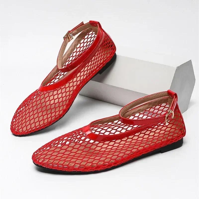 

Модные модные сетчатые дышащие женские балетки с полым дизайном, сексуальные балетки с пряжкой и Т-образным ремешком, нескользящая мягкая подошва, удобная обувь для женщин 43 красный