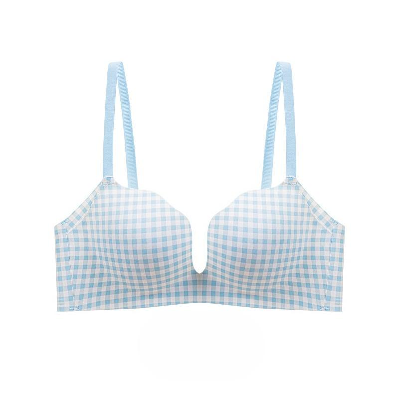 

Girl Sexy Grid Pattern Gathers Small Chest To Show Big No Underwire One Piece Without Trace Underwear 38/85AB синій