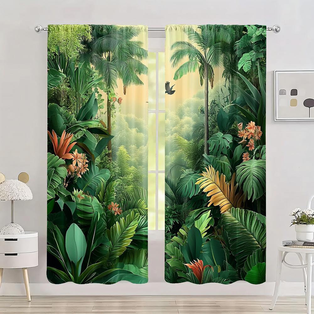2pc,  Spring Window Curtain jungle plants Versatile Polyester,Without Electricity Birthday Party Use for Indoor Celebrations,