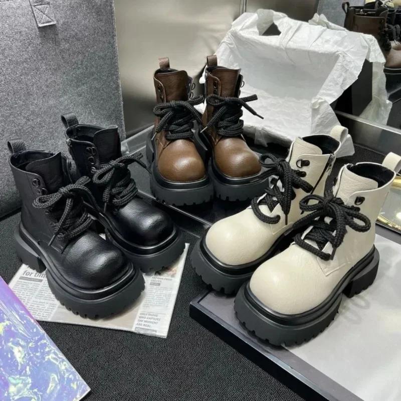 2025 High Quality Shoes Female Side Zip Women's Boots Autumn Round Toe Solid Short Barrel Platform Chunky Heels Fashion Boots