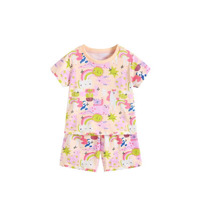 Child Girl Summer Cotton Cartoon Pajama Set With Short Sleeve And Shorts For Playtime
