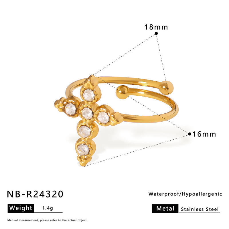 Stainless Steel Cross Opening Adjustable Ring for Women Men Classic Exquisite Rhinestone Finger Ring Banquet Jewelry Accessories