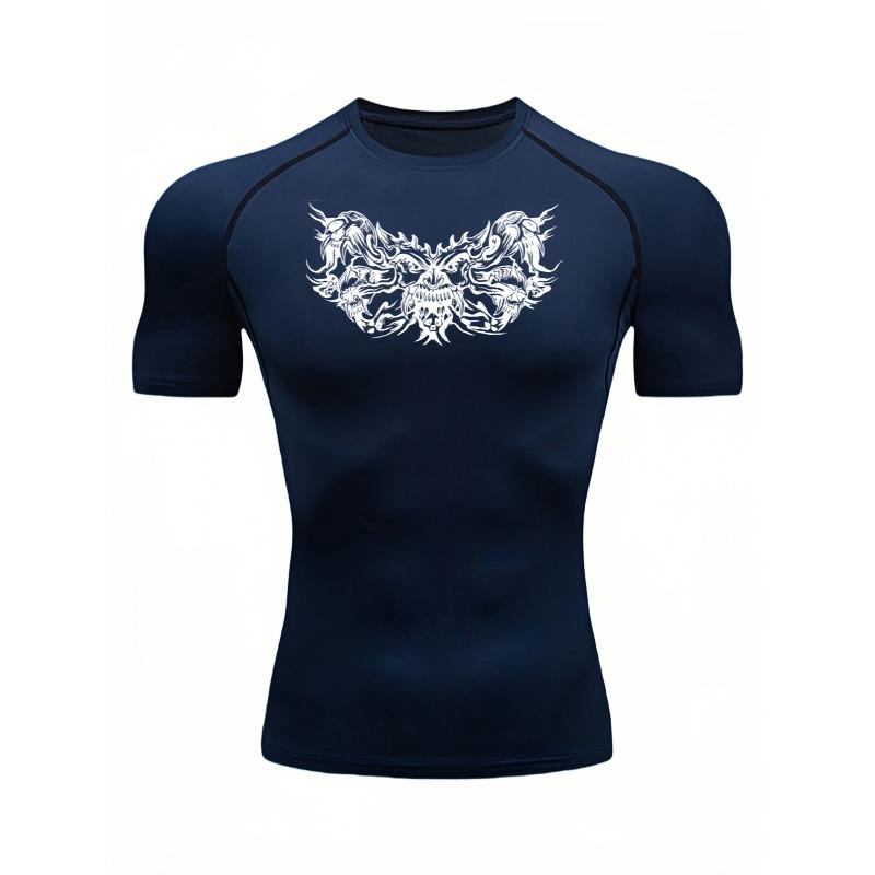 Men's Chest Tattoo-Inspired Skull Compression Shirt High Elasticity Moisture Wicking Bodybuilding Sportswear