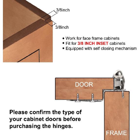 GOBEKOR 50 Pack Self Closing Cabinet Door Hinges 3/8" Inset Kitchen Cabinet Hinges 3/8 Inch Inset Silver Hinges for Kitchen Cabinets