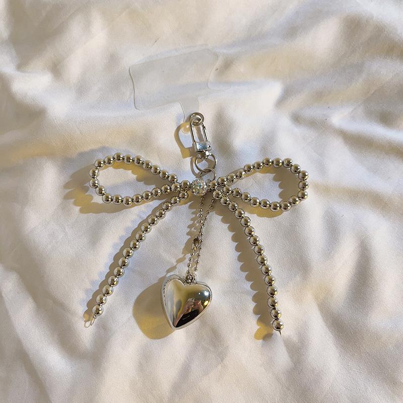 Bowknot Heart Bag Pendant Beaded Silver Bow Handbag Backpack Decoration For Bags Accessories AVE