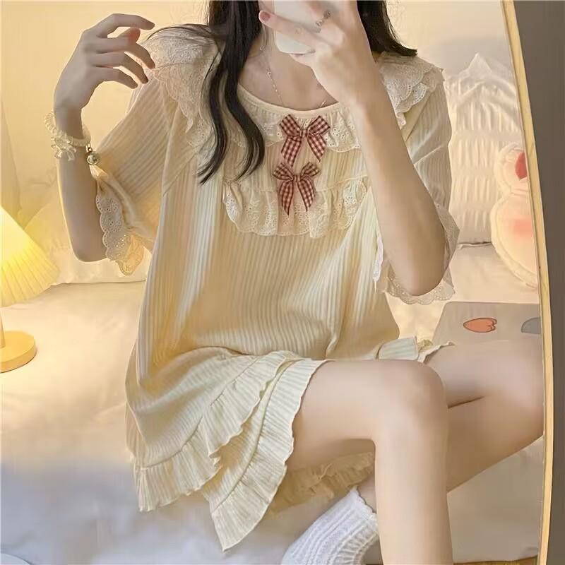 Damen Sommer 2023 Prinzessinnen-Schleifen-Pyjama-Set: Kurzarm & Shorts, Locker sitzende Homewear