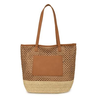Woven Straw Tote Bag Women Summer Beach Handbag Casual Vacation Style Shoulder Bag with Leather Detail
