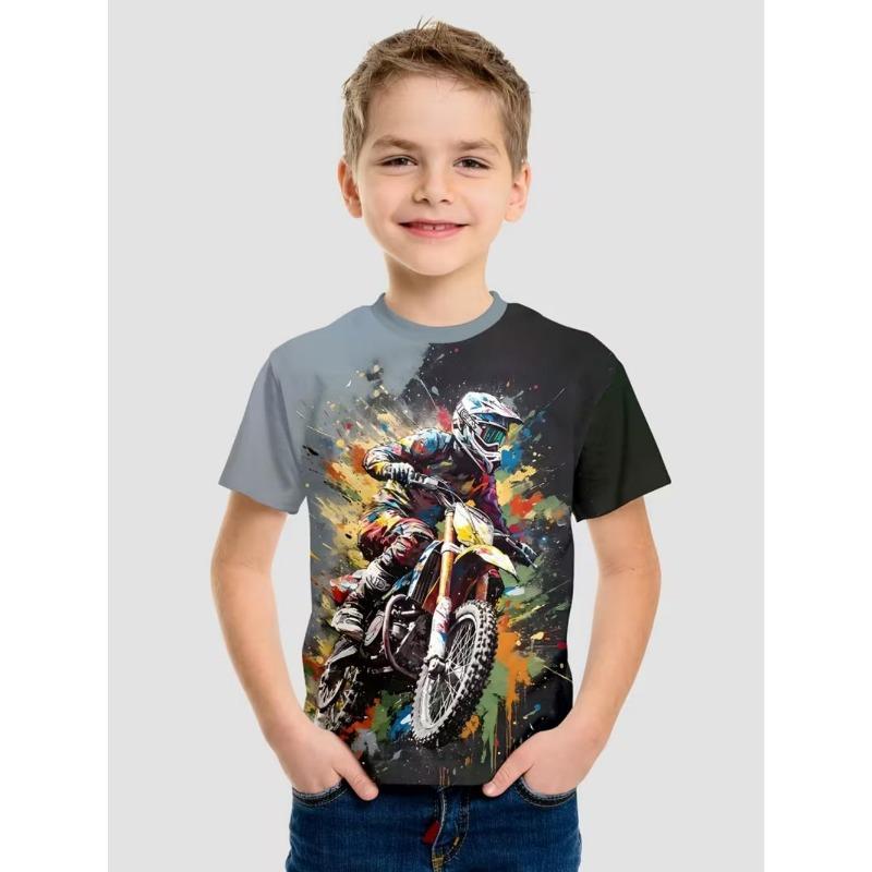 Boys 3D Print Dirt Bike Graphic T-Shirt, Cool Motocross Rider Short Sleeve