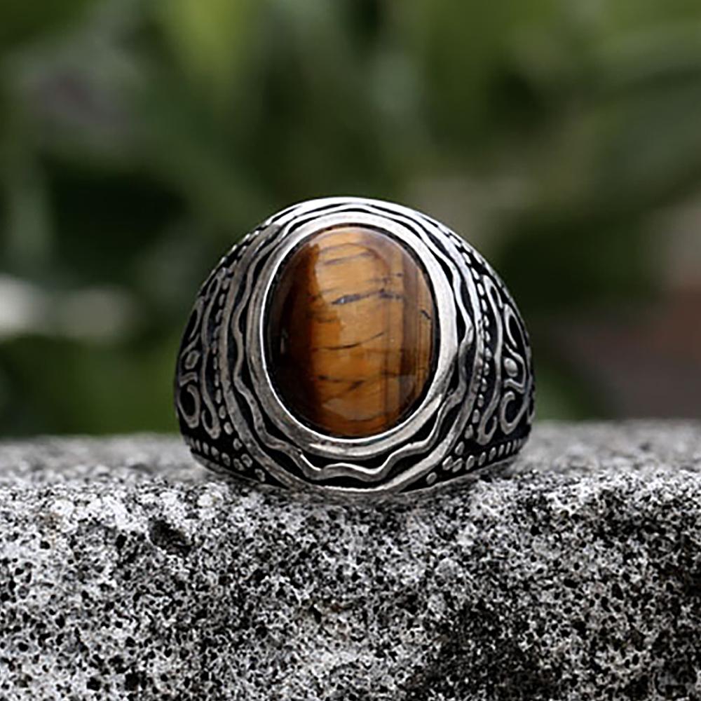 Men's Vintage 316L Stainless Steel Oval Opal Green Stone Rings Rock Hip Hop Fashion Jewelry Wedding Rings Accessories Wholesale