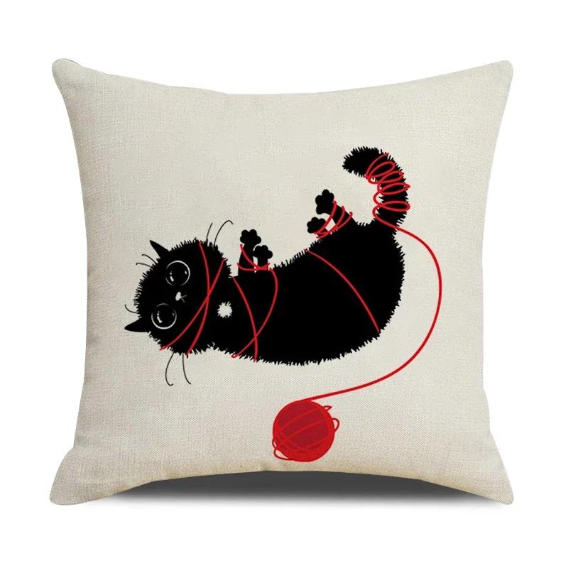 Funny Cats Printed Cushion Cover 45x45cm Linen Pillow Case Farmhouse Home Office Decor Throw Pillowcase Pillow Cover for Pillows