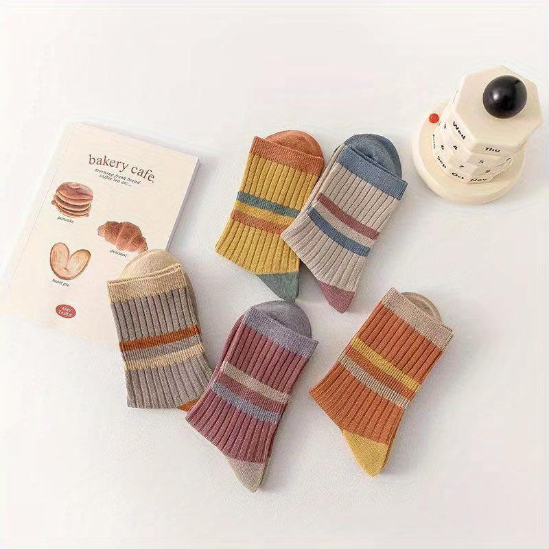 5 Pairs of Striped Versatile Mid Length Socks, Candy Colored Retro Color Blocked Outdoor Socks