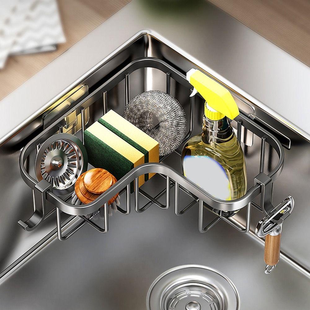 Carbon Steel Sink Drain Rack Wall Mounted Sponge Storage Basket Triangular Drainage Rack  for Home