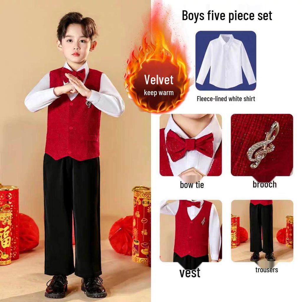 Children's New Year's Red Performance Costume for School Speech and Poetry Competitions
