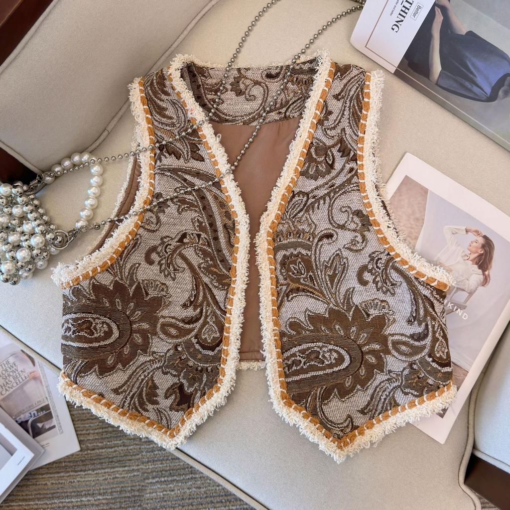 Nový Retro Národný Štýl Kvetinový Kardigán Vesta Dámska Móda Výšivka Skrátená Vesta Vintage Výstrih do V Bez Rukávov Dámske Vrchné Oblečenie Elegantná Vesta Topy
