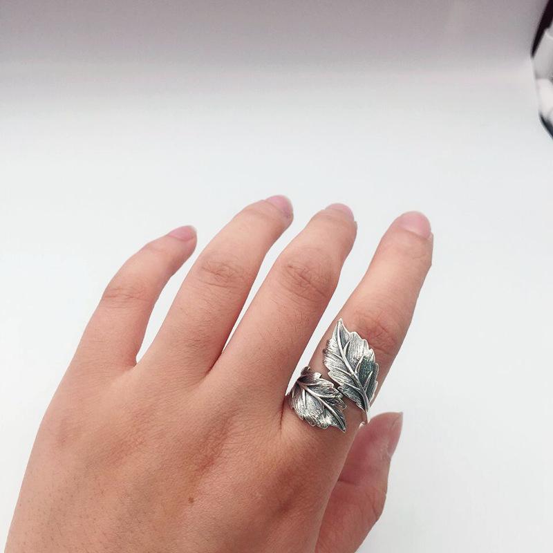 Buyee 925 Sterling Silver Male Female Big Ring Finger Elegant Gary Leaf Open Ring for Woman Men Fashion Fine Jewelry Circle Gift
