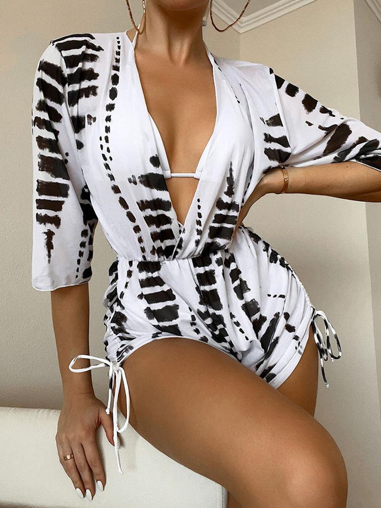 

Цельный купальник с длинным рукавом, сетчатой талией, высокой талией, принтом, завязками, трехкомпонентный бикини, облегающий S