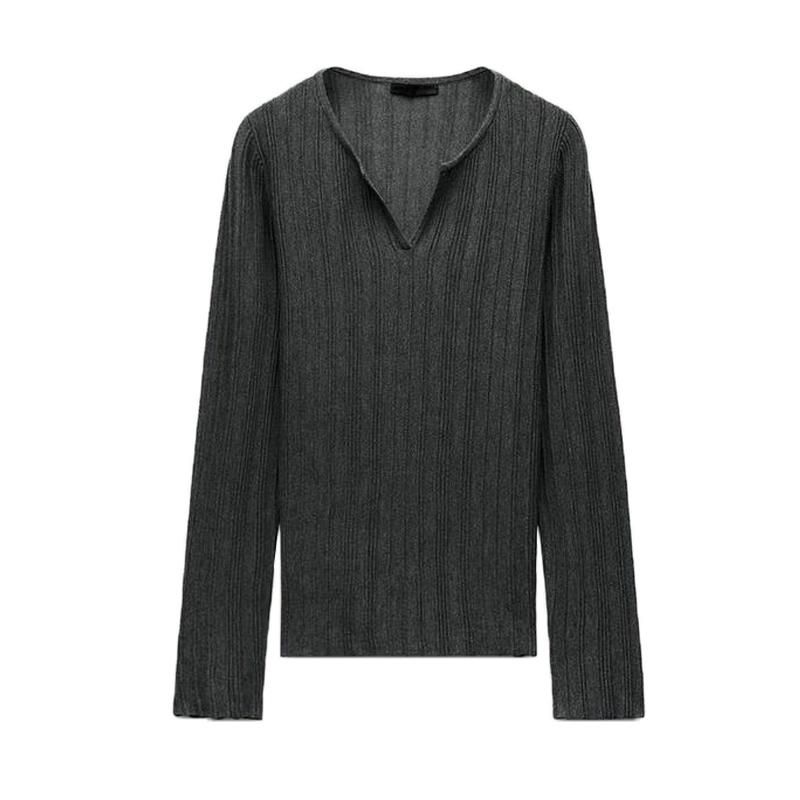 24 Fall and Winter New Women's Clothing Fashion Wind Slit Knitted Rib V Neck Long Sleeves Bottoming Shirt T-shirt 8779464