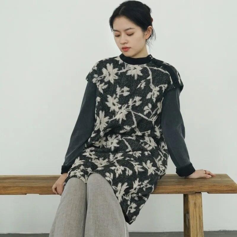 Johnature Women Vintage Jacquard Floral Dresses O-Neck Sleeveless Cotton Knitted Soft Robes Spring Chinese Style Dress