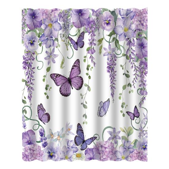Floral Shower Curtain Spring Farmhouse Bathroom Curtain Waterproof Flowers Butterflies Leaves Bath Curtain with Hooks for Dormitory Shower Bathtub