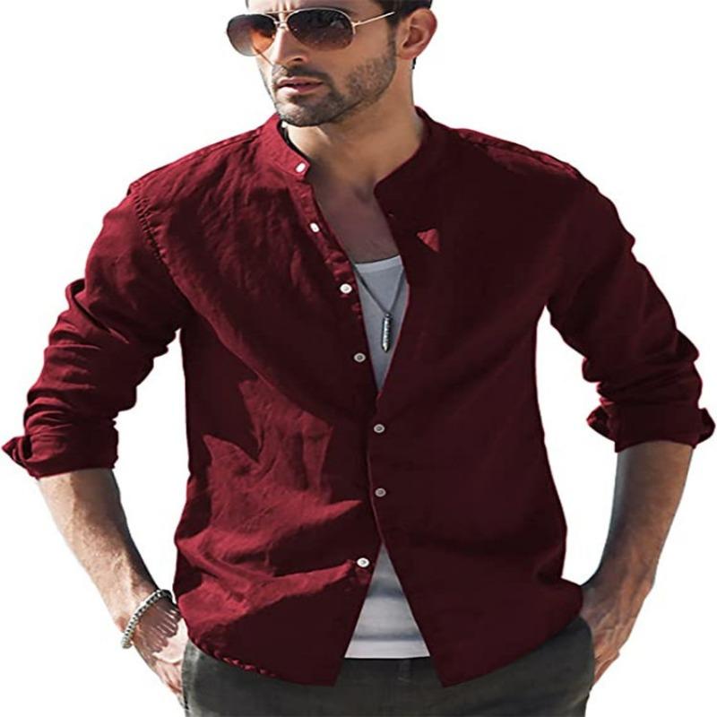 Mens Retro Casual Loose Long Sleeve Stand Collar Solid Shirt