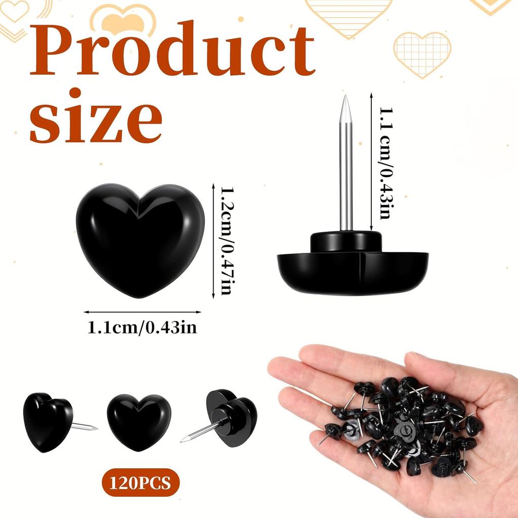 120 Pcs Black Heart Push P, Decorative Cute Push P for Travel Picture Photo Bulletin Board Wall DIY Craft Home School Office
