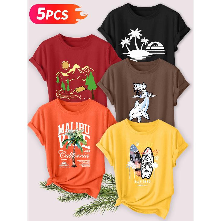 Five-piece set Elegant short-sleeved shirt for women California style printed round-neck women s short-sleeve shirt suitable for spring and summer S